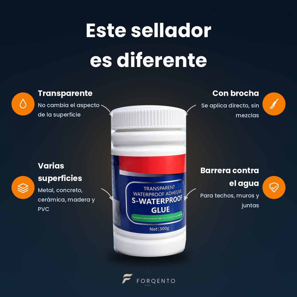 Características del sellador tapagoteras: transparente, con brocha, varias superficies y barrera contra el agua