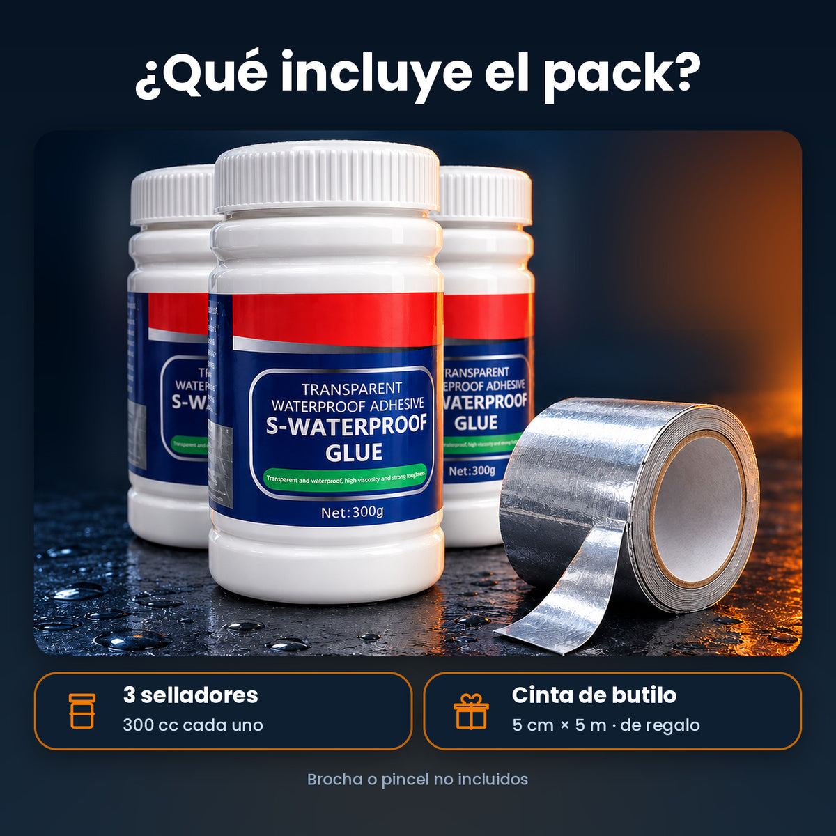 Qué incluye el pack: 3 selladores de 300 cc y cinta de butilo de regalo